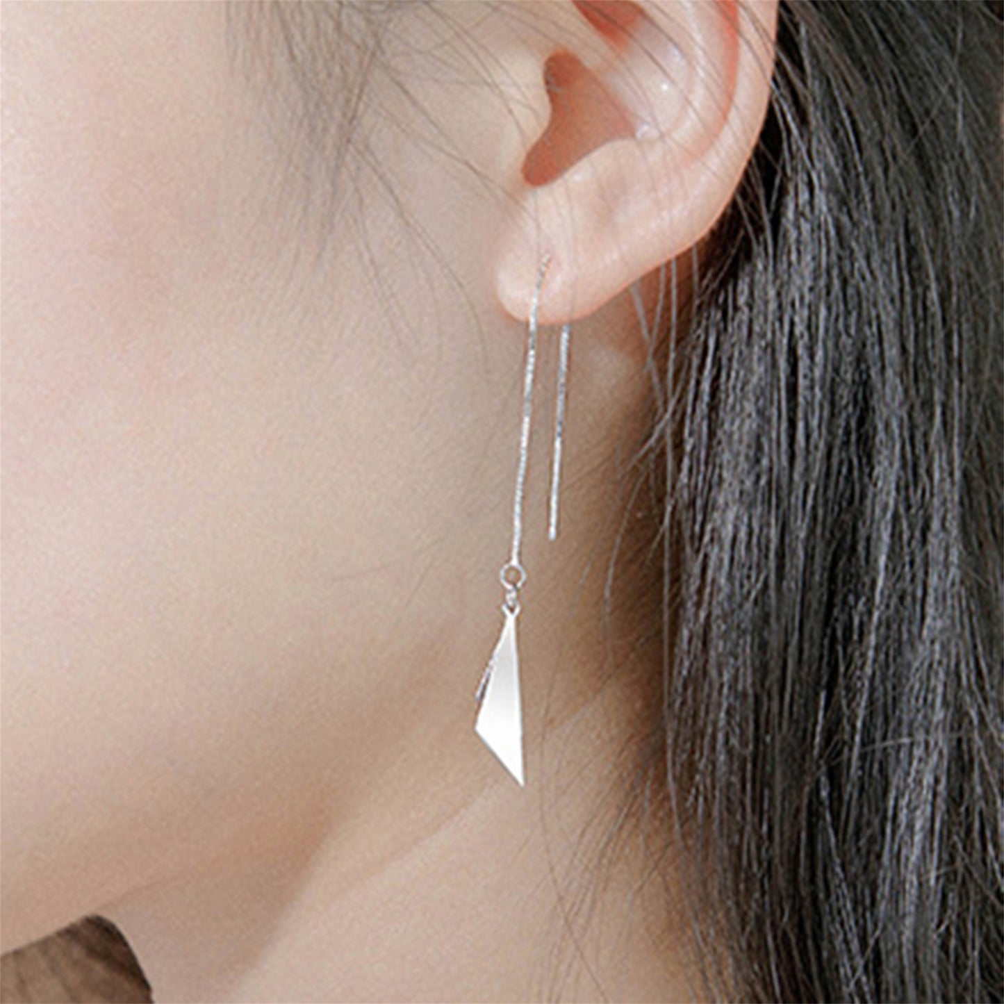 Sterling Silver Double Triangle Shiny Drop Pull Through Threader Dangle Earrings - sugarkittenlondon