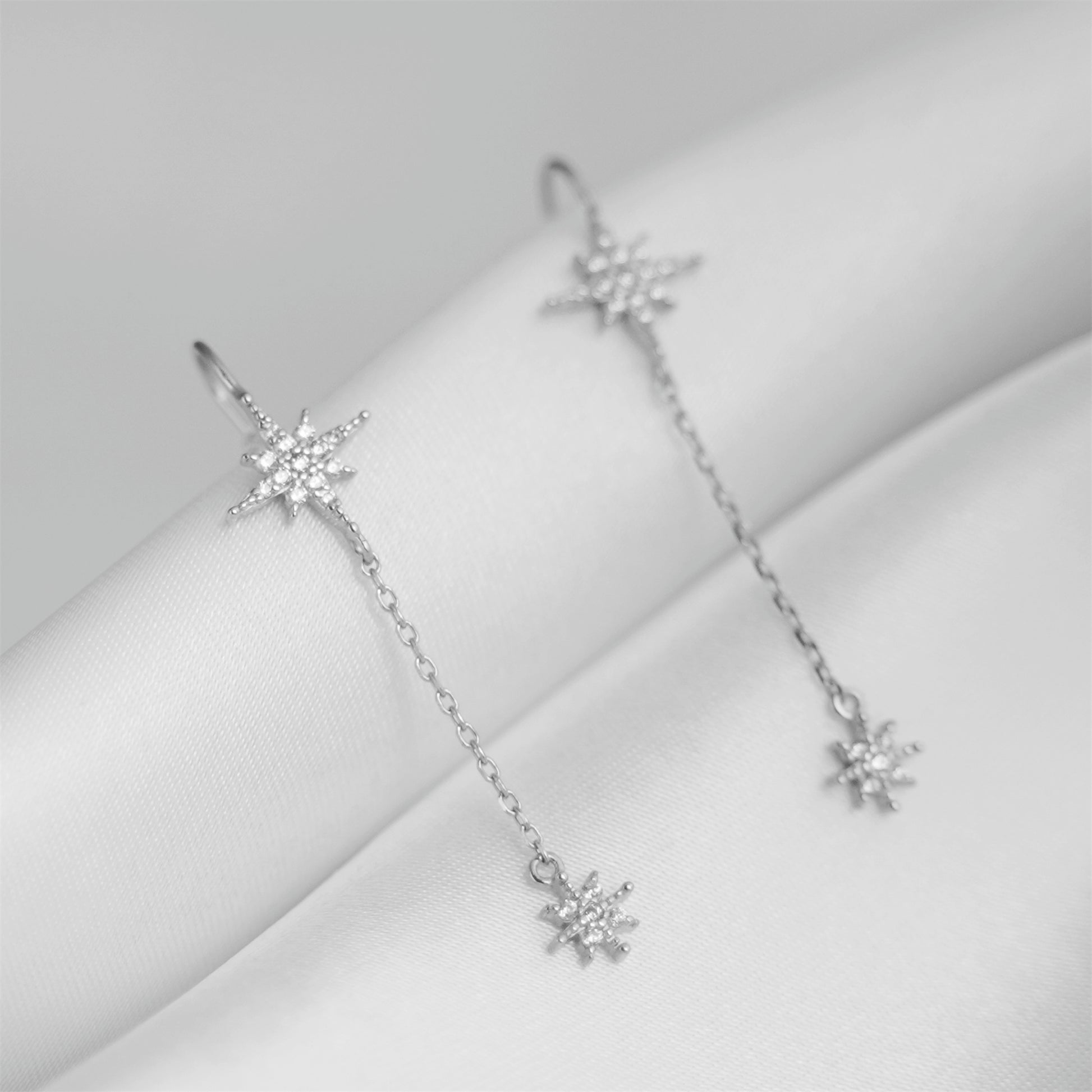 925 Sterling Silver Threader Earrings with Paved CZ Pole Star Chain Drop - sugarkittenlondon