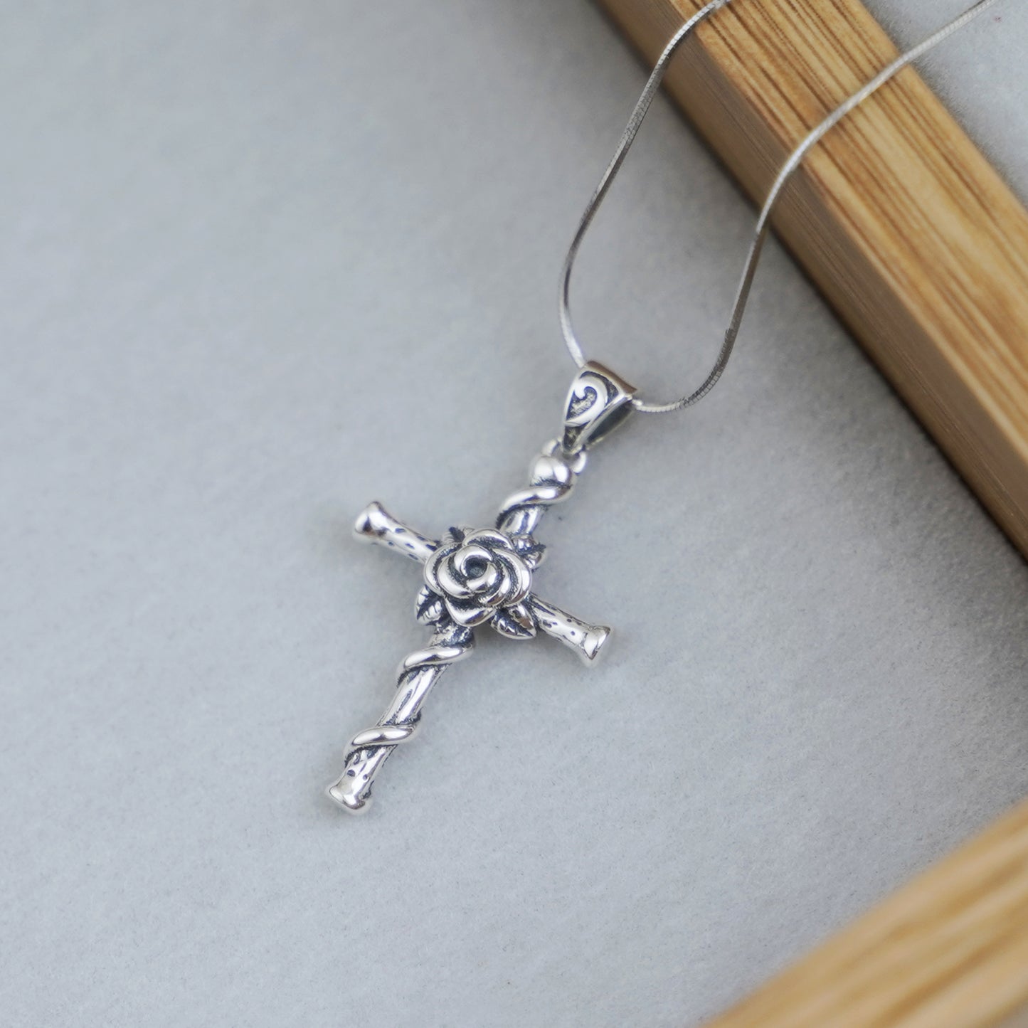 Sterling Silver Oxidized 3D Rose Thorn Cross Christian Pendant Necklace Boxed - sugarkittenlondon