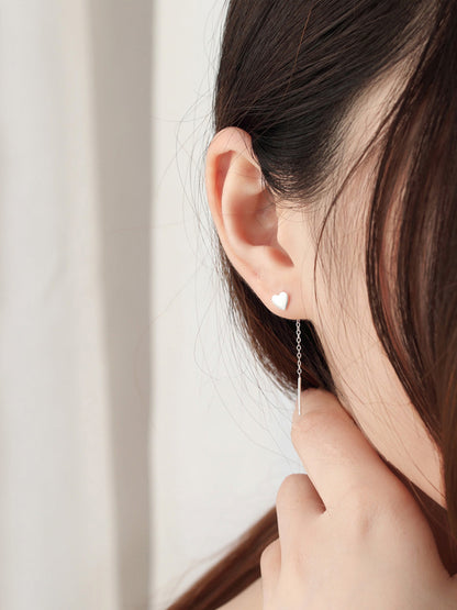 Sterling Silver Pull Through Shiny Heart Threader Dangle Earrings - sugarkittenlondon