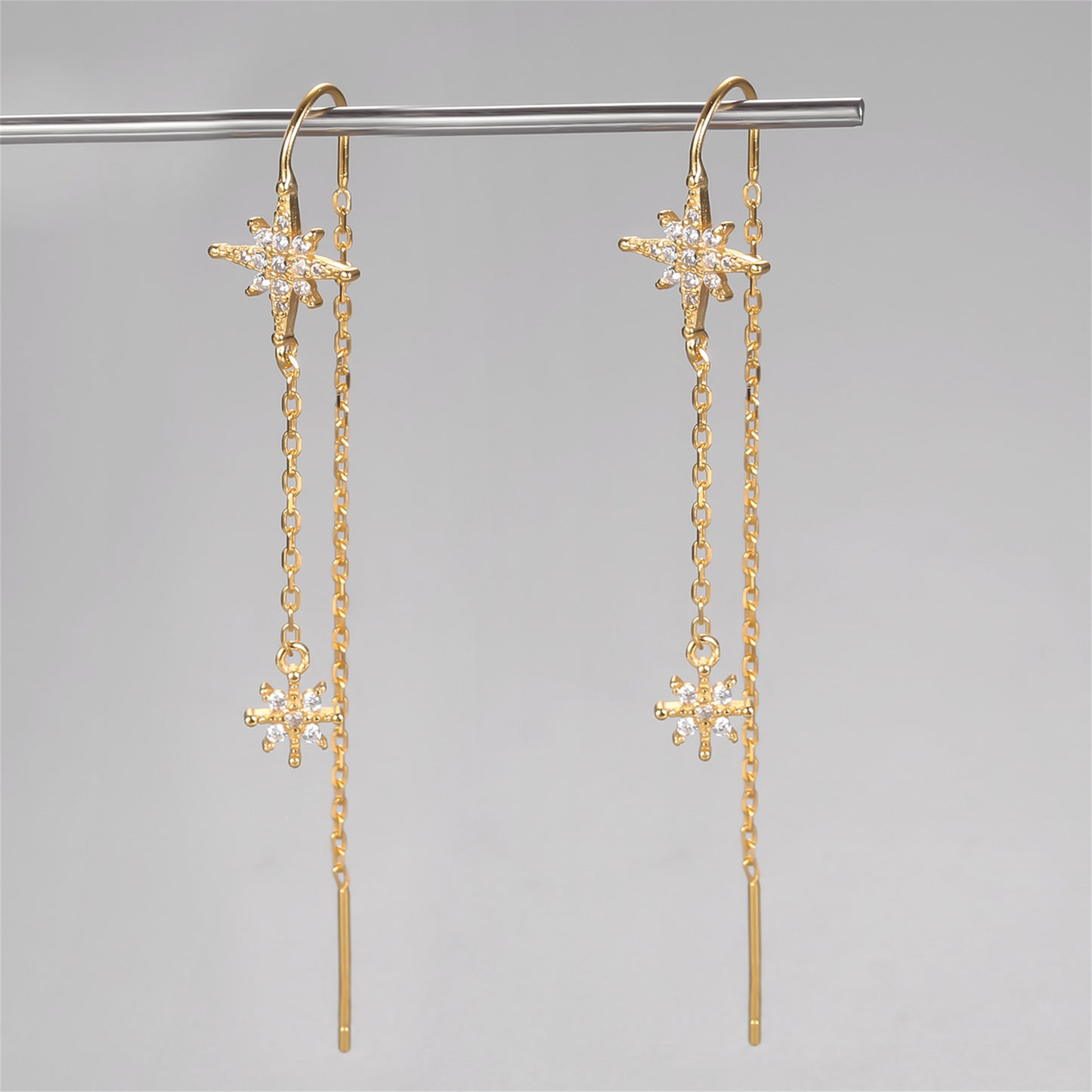 Gold on Sterling Silver Paved CZ Pole Star Chain Drop Pull Through Earrings - sugarkittenlondon