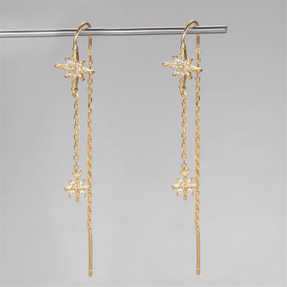 Gold on Sterling Silver Paved CZ Pole Star Chain Drop Pull Through Earrings - sugarkittenlondon