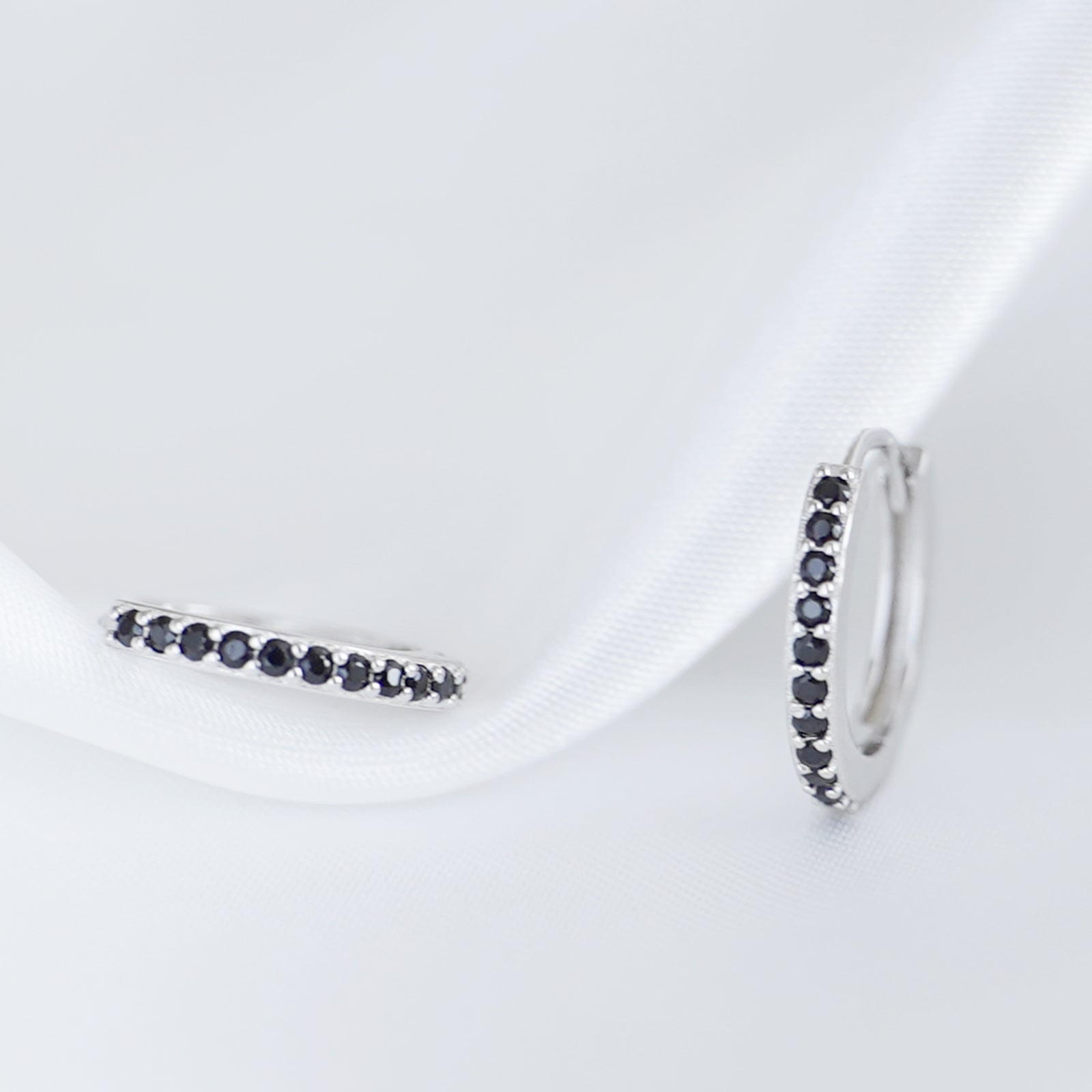 White Black CZ Hinged Hoop Earrings with Half Eternity - sugarkittenlondon