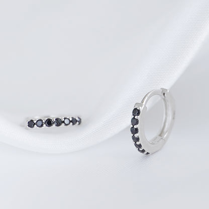 White Black CZ Hinged Hoop Earrings with Half Eternity - sugarkittenlondon