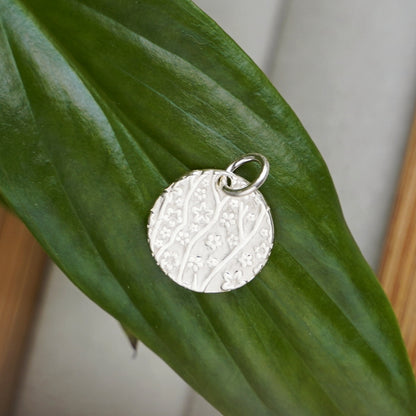 Sterling Silver Solid Plain & Oxidized Blossom Branch Round Circle Disc Pendant - sugarkittenlondon