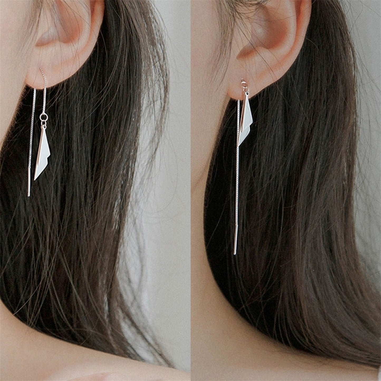 Sterling Silver Double Triangle Shiny Drop Pull Through Threader Dangle Earrings - sugarkittenlondon