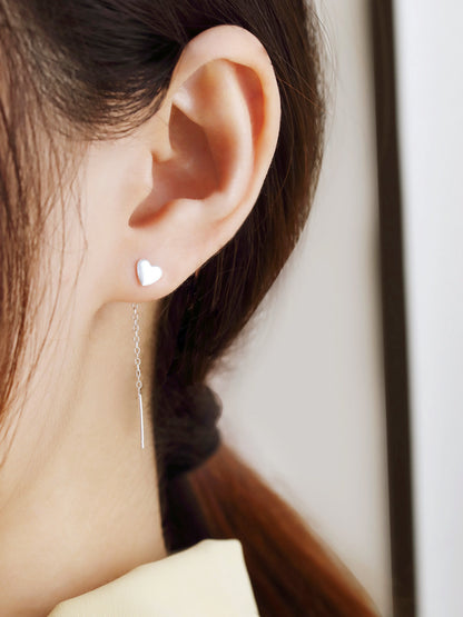 Sterling Silver Pull Through Shiny Heart Threader Dangle Earrings - sugarkittenlondon