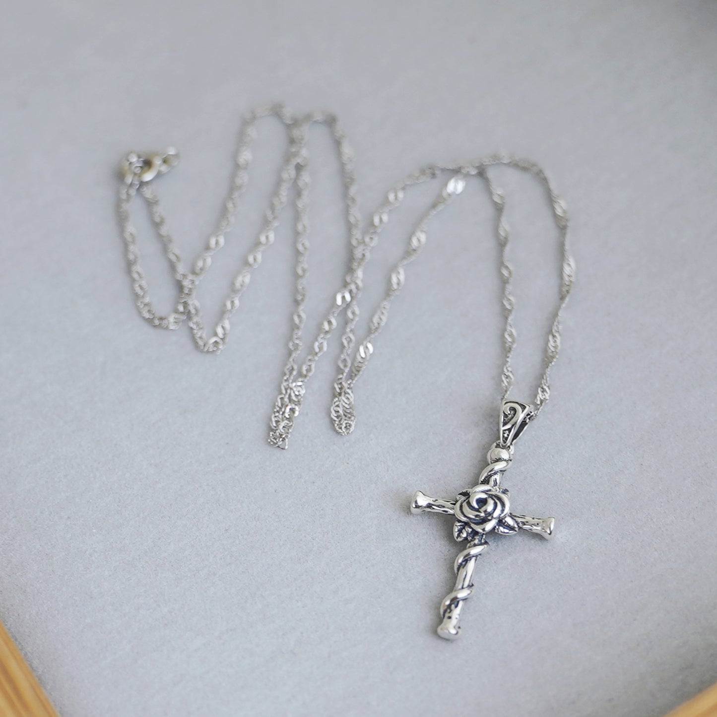 Sterling Silver Oxidized 3D Rose Thorn Cross Christian Pendant Necklace Boxed - sugarkittenlondon