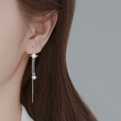 925 Sterling Silver Threader Earrings with Paved CZ Pole Star Chain Drop - sugarkittenlondon