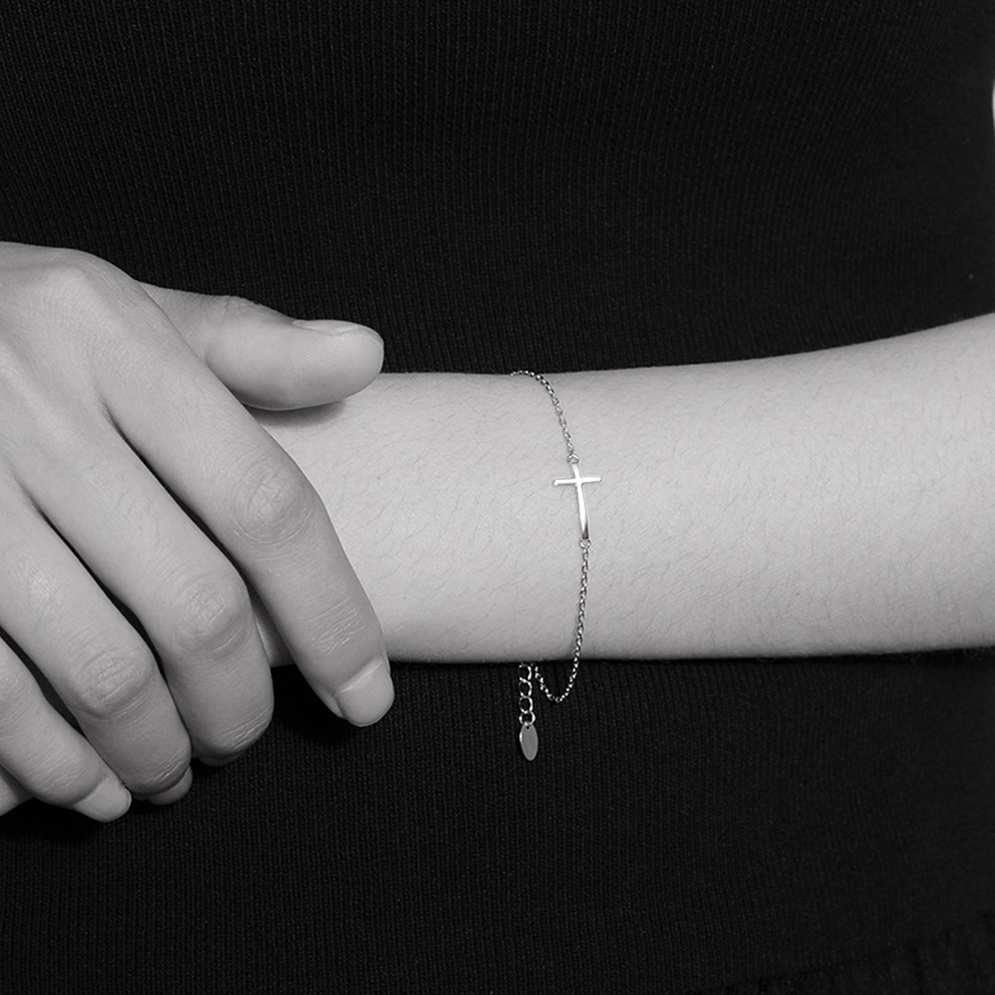 Rhodium Plated Sterling Silver Horizontal Sideways Layer Cross Bracelet - sugarkittenlondon