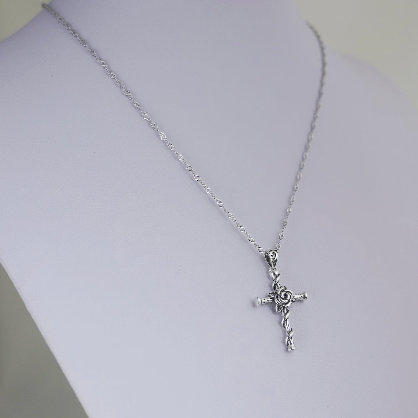 Sterling Silver Oxidized 3D Rose Thorn Cross Christian Pendant Necklace Boxed - sugarkittenlondon