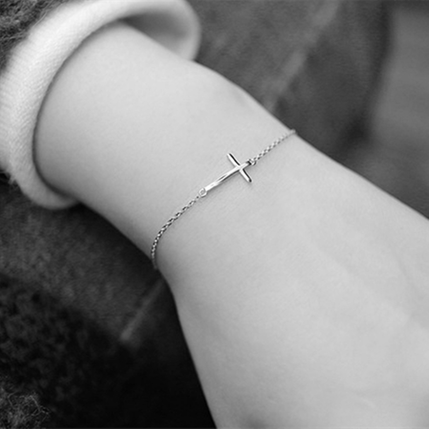 Rhodium Plated Sterling Silver Horizontal Sideways Layer Cross Bracelet - sugarkittenlondon