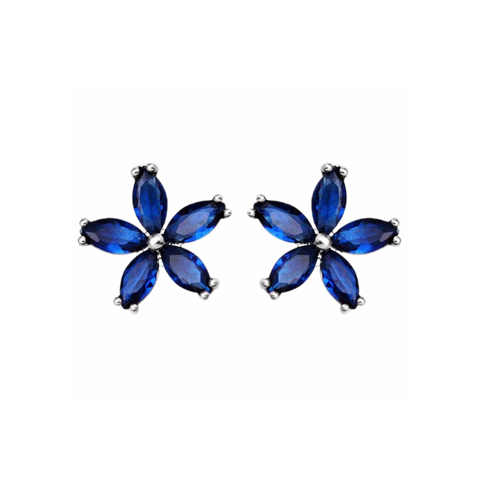 Sterling Silver Dark Blue Sapphire Colour CZ Flower Square Stud Earrings - sugarkittenlondon
