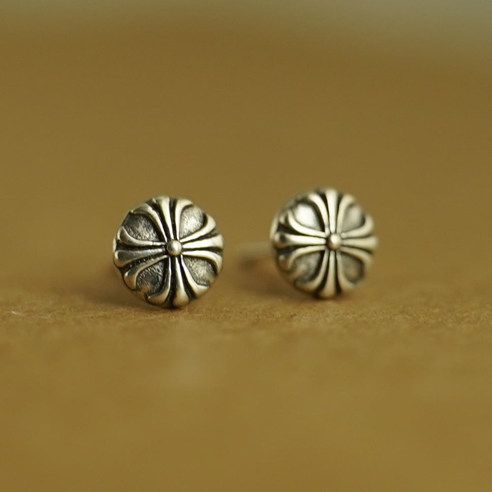 Sterling Silver 6mm Oxidized Fleury Cross Dot Barbell Bead Screw Back Earrings - sugarkittenlondon