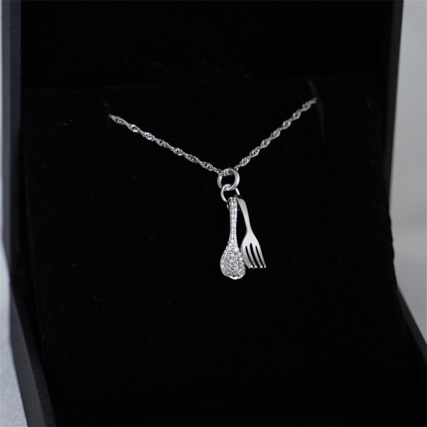 Rhodium on Sterling Silver Miniature Spoon Fork Paved CZ Charm Pendant Necklace - sugarkittenlondon