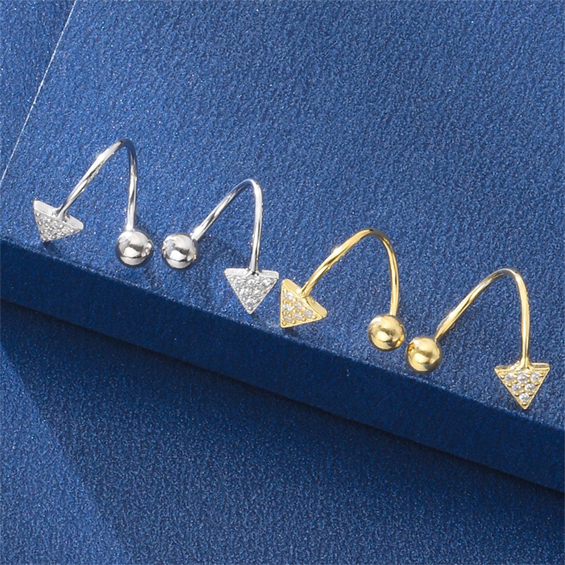 Sterling Silver Arrow CZ Twirl Wire Huggie Piercing Screw Back Beads Earrings - sugarkittenlondon