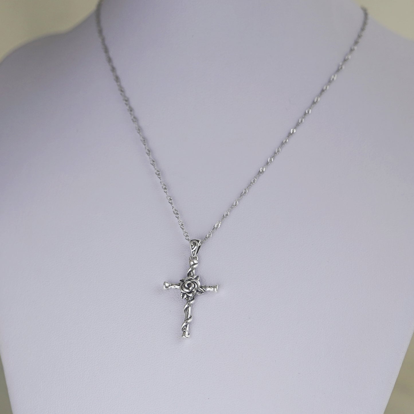 Sterling Silver Oxidized 3D Rose Thorn Cross Christian Pendant Necklace Boxed - sugarkittenlondon