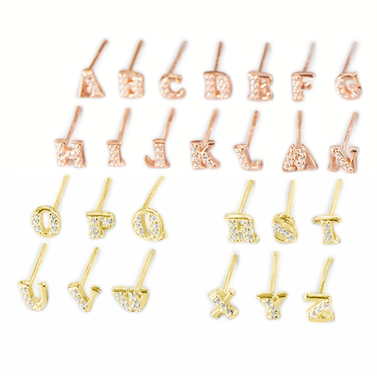 Gold Rose Gold on Sterling Silver CZ Initial A-Z Alphabet Letter Stud Earrings - sugarkittenlondon