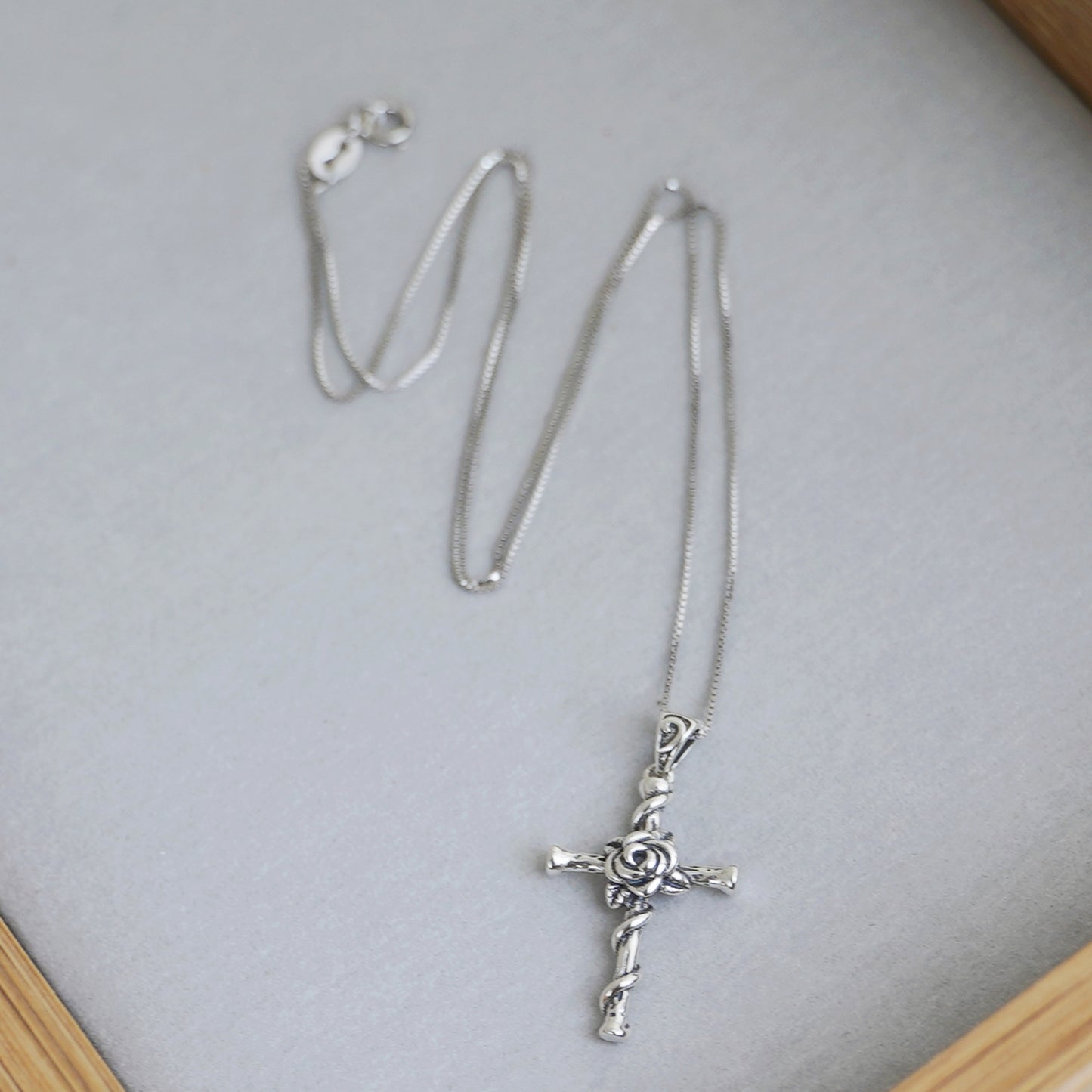 Sterling Silver Oxidized 3D Rose Thorn Cross Christian Pendant Necklace Boxed - sugarkittenlondon