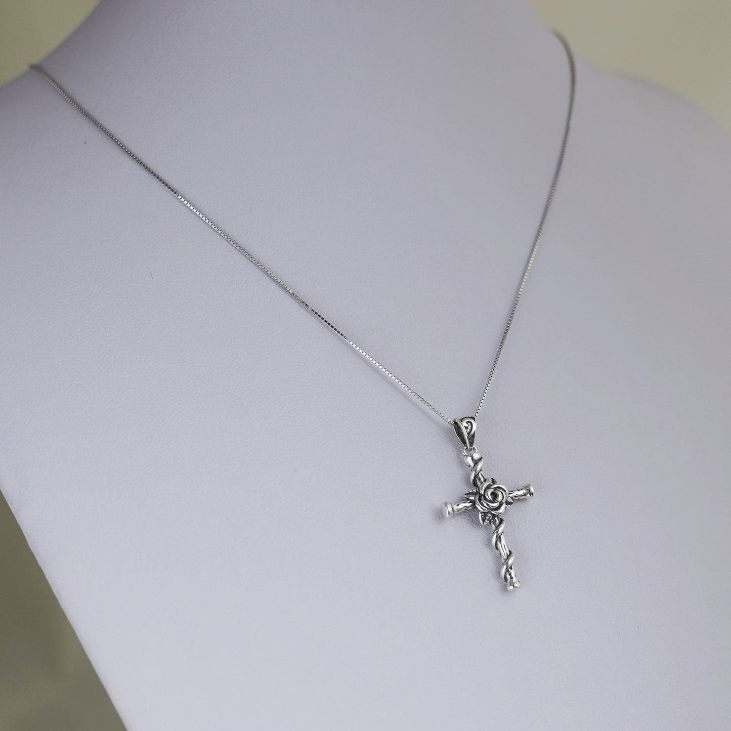 Sterling Silver Oxidized 3D Rose Thorn Cross Christian Pendant Necklace Boxed - sugarkittenlondon