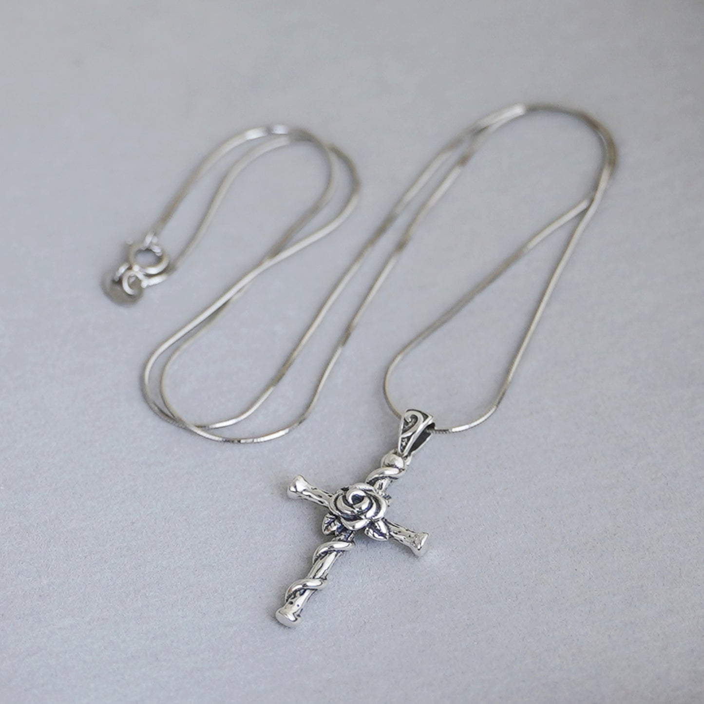 Sterling Silver Oxidized 3D Rose Thorn Cross Christian Pendant Necklace Boxed - sugarkittenlondon