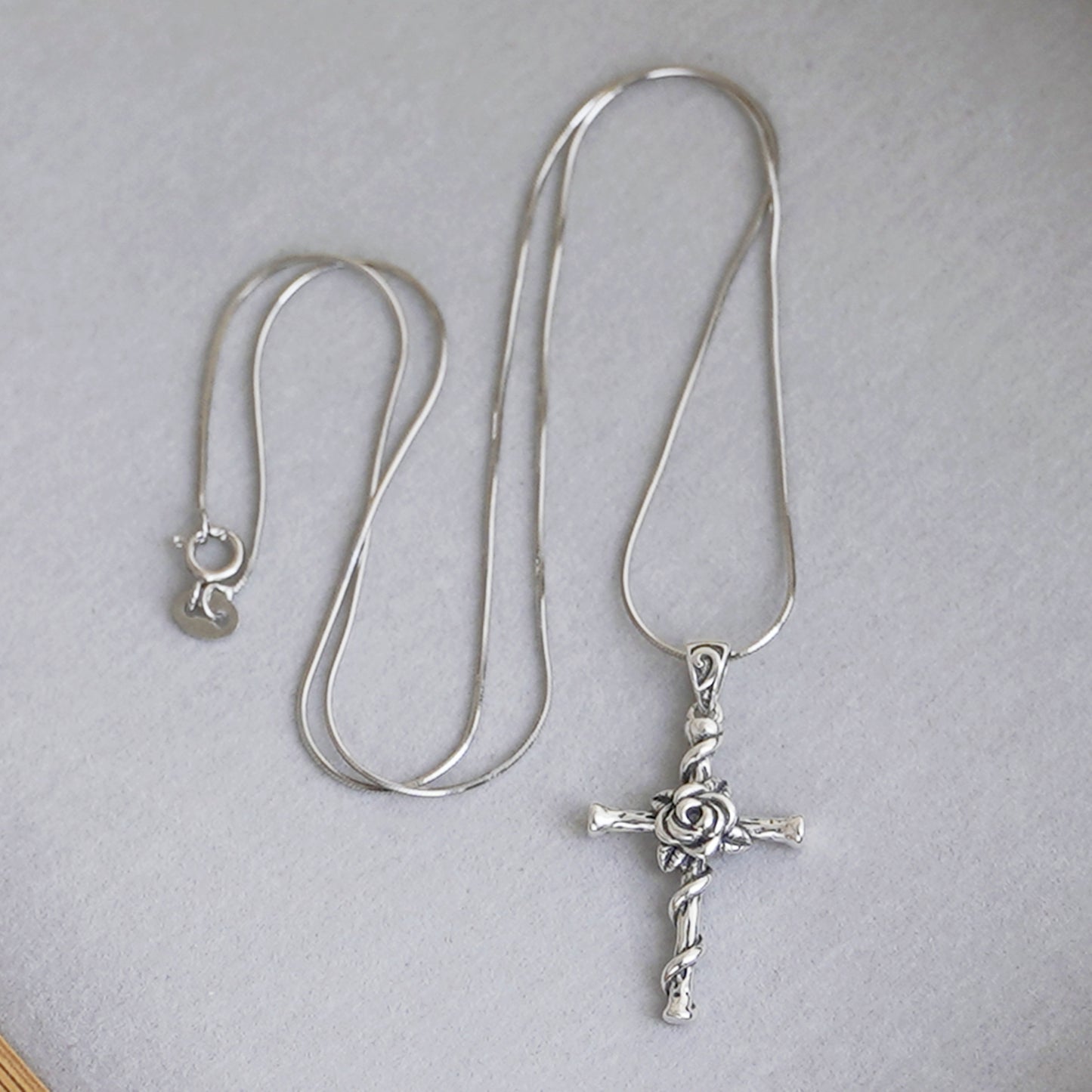 Sterling Silver Oxidized 3D Rose Thorn Cross Christian Pendant Necklace Boxed - sugarkittenlondon