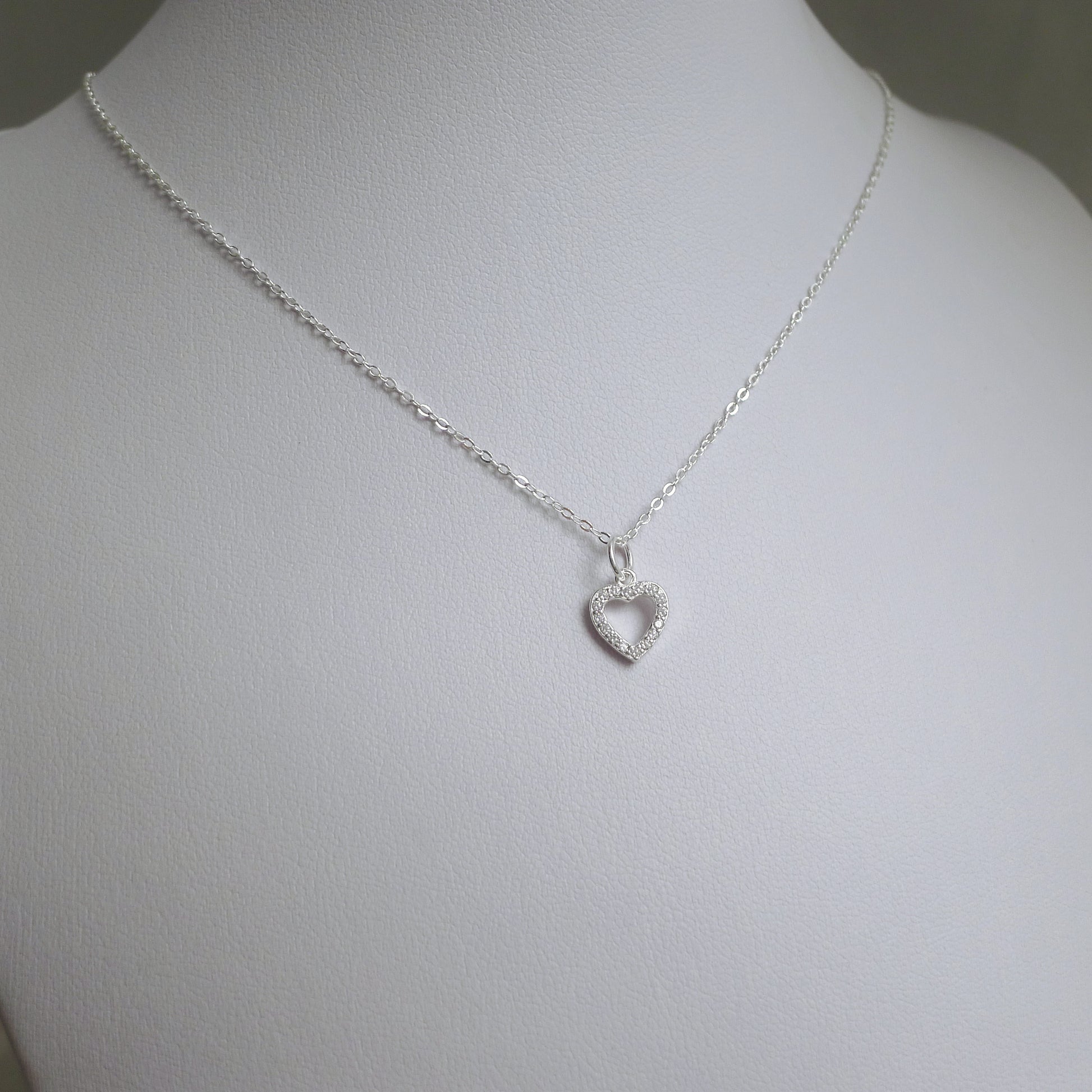 Sterling Silver Micro Paved CZ Hollow Love Heart Pendant Necklace 2 Tones - sugarkittenlondon