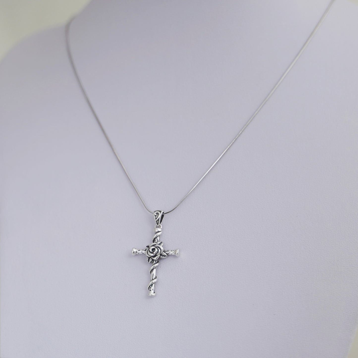 Sterling Silver Oxidized 3D Rose Thorn Cross Christian Pendant Necklace Boxed - sugarkittenlondon