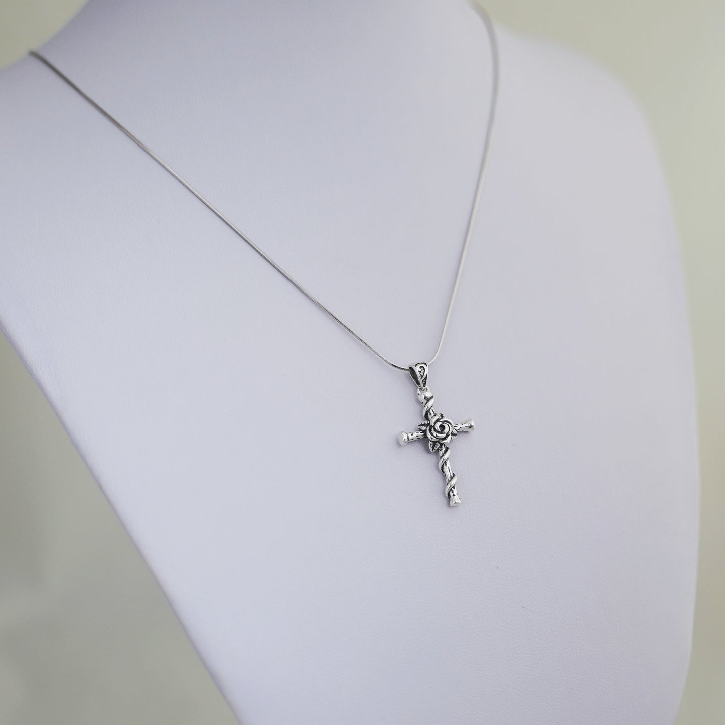 Sterling Silver Oxidized 3D Rose Thorn Cross Christian Pendant Necklace Boxed - sugarkittenlondon