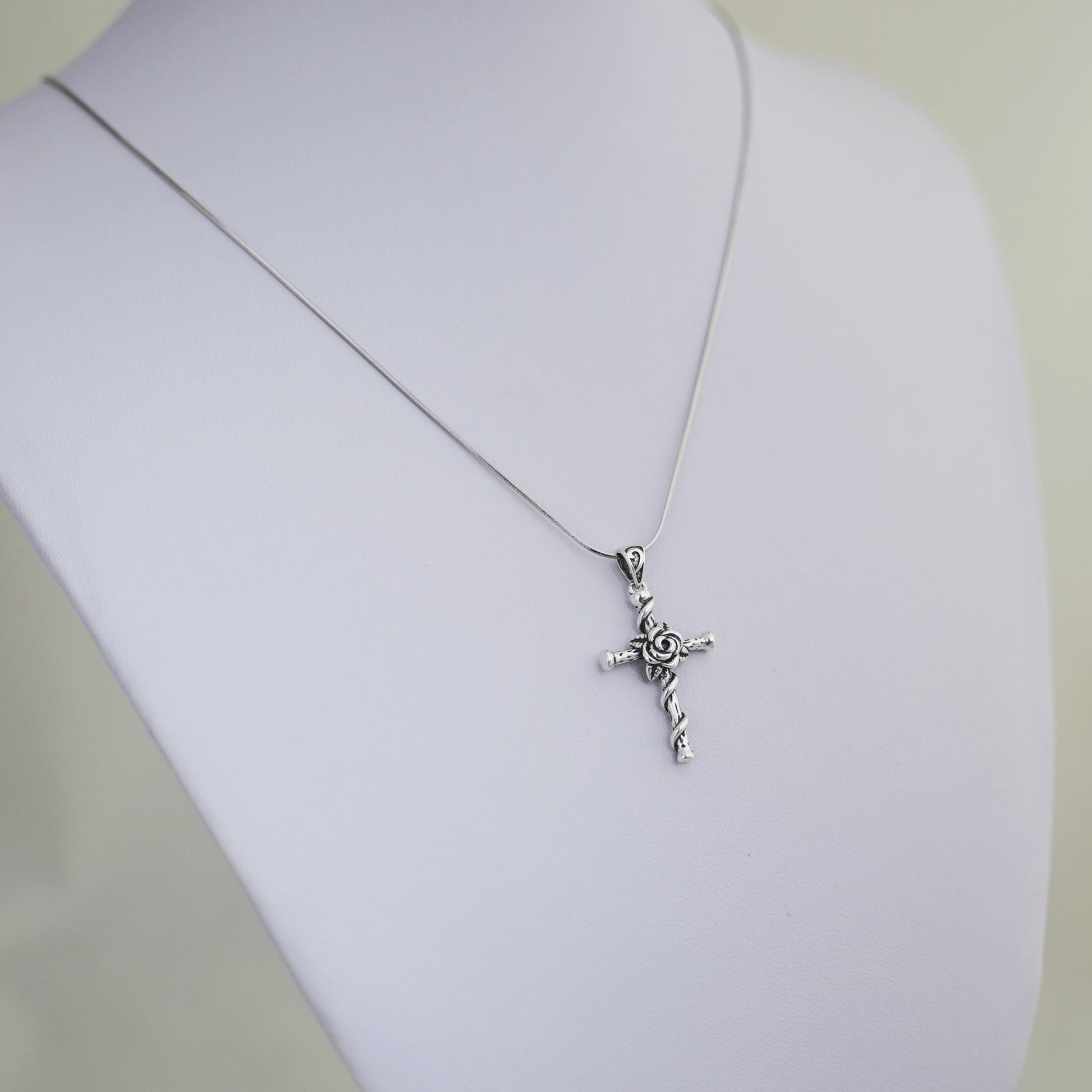 Sterling Silver Oxidized 3D Rose Thorn Cross Christian Pendant Necklace Boxed - sugarkittenlondon