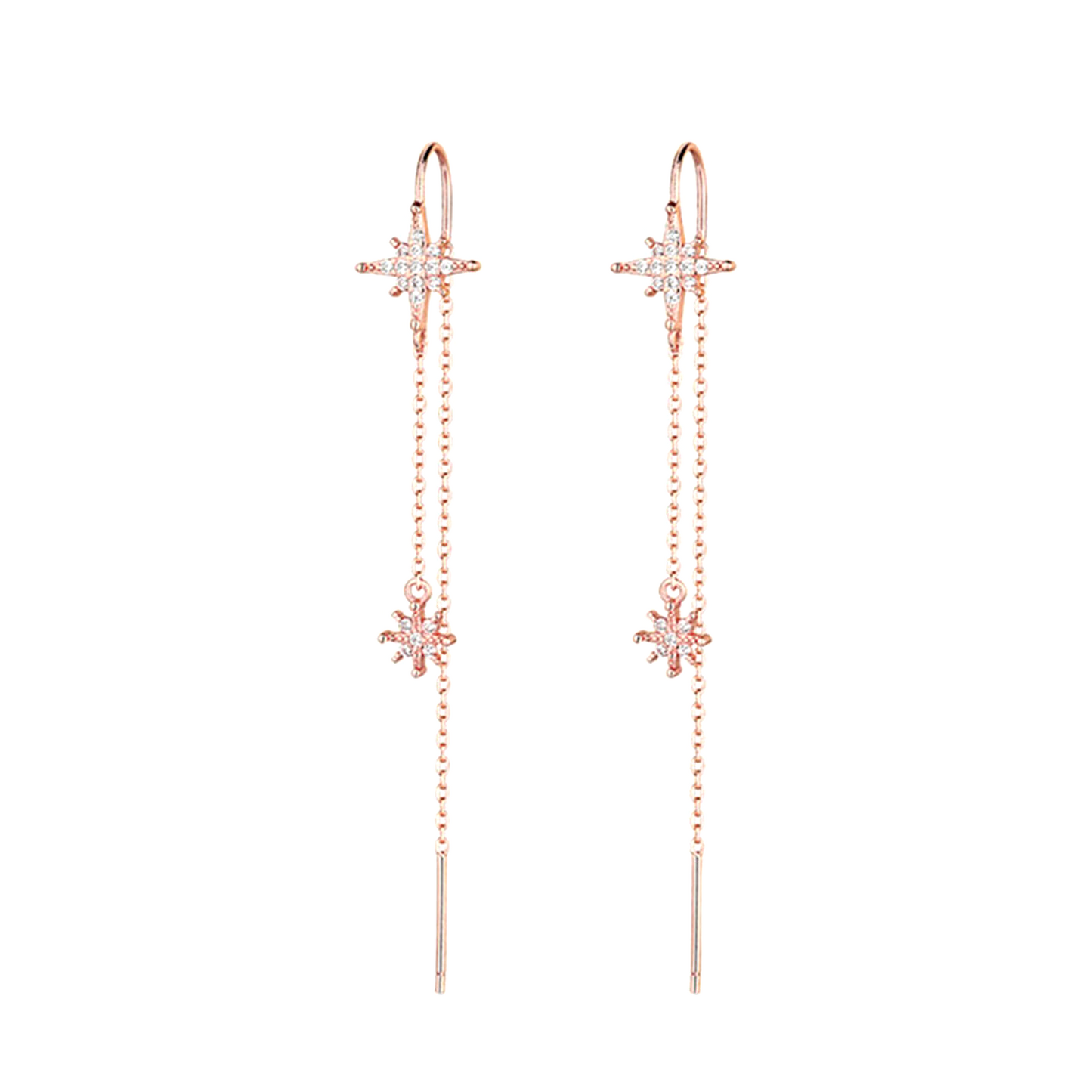 Rose Gold Threader Earrings with Paved CZ Pole Star Chain Drops - sugarkittenlondon