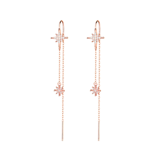 Rose Gold on Sterling Silver Paved CZ Pole Star Chain Drop Pull Through Earrings - sugarkittenlondon