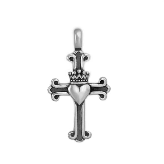 Sterling Silver Oxidized Fleury Cross Love Heart Crown Christening Pendant - sugarkittenlondon