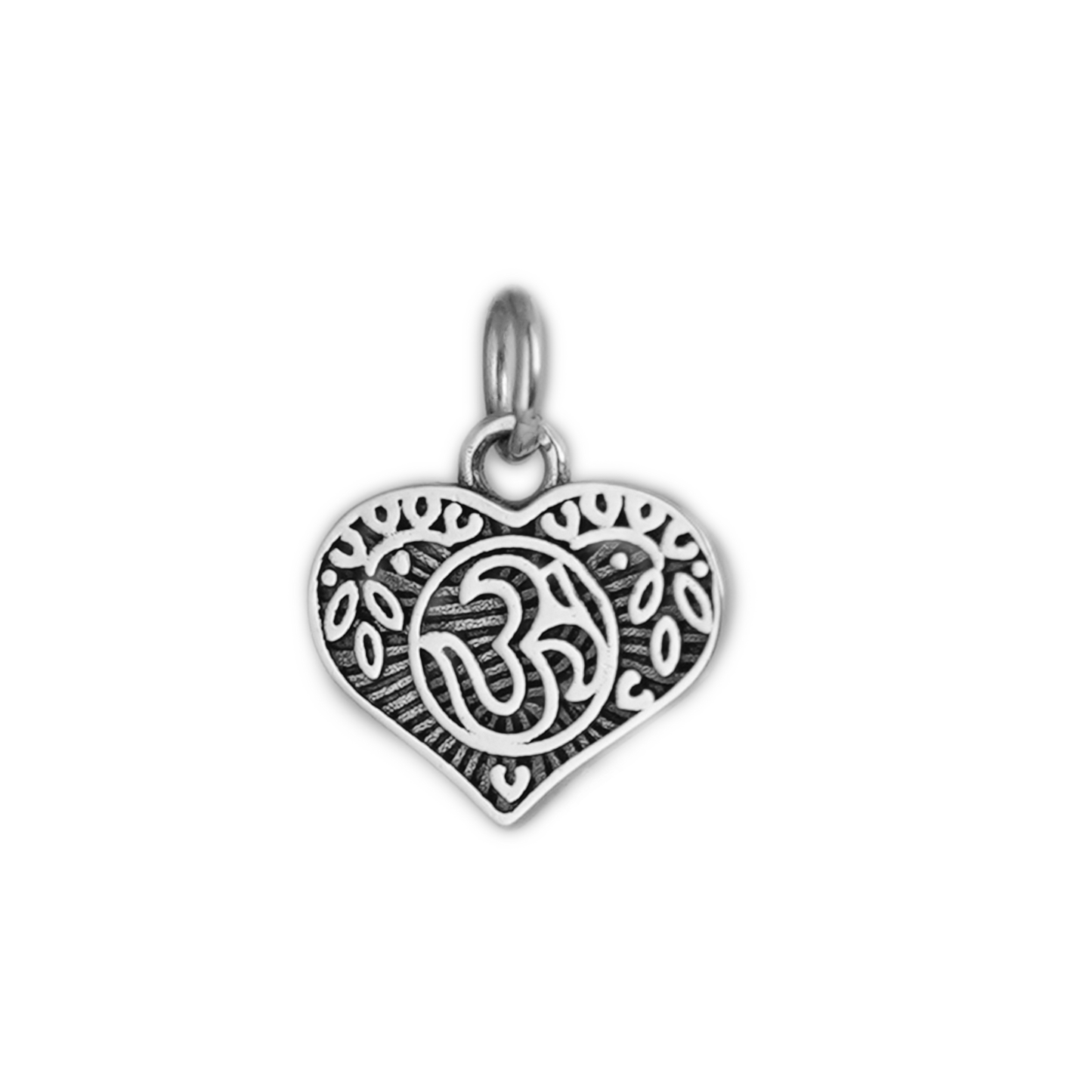 Sterling Silver Aum Pendant Hindu Sanskrit Symbol with Leaf Heart Charm - sugarkittenlondon