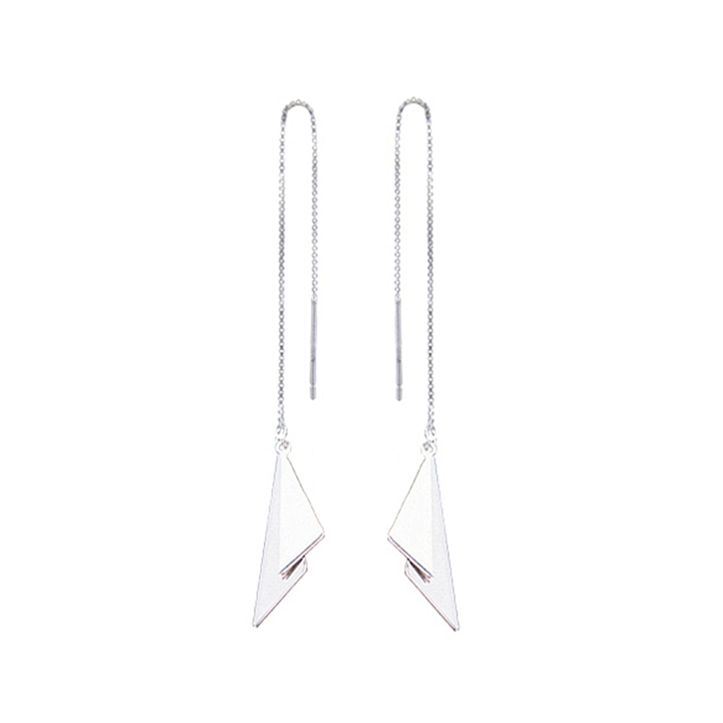 Sterling Silver Double Triangle Shiny Drop Pull Through Threader Dangle Earrings - sugarkittenlondon