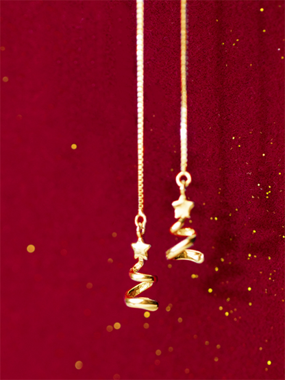 Gold on Sterling Silver Star Ribbon Xmas Tree Pull Through Threader Earrings - sugarkittenlondon