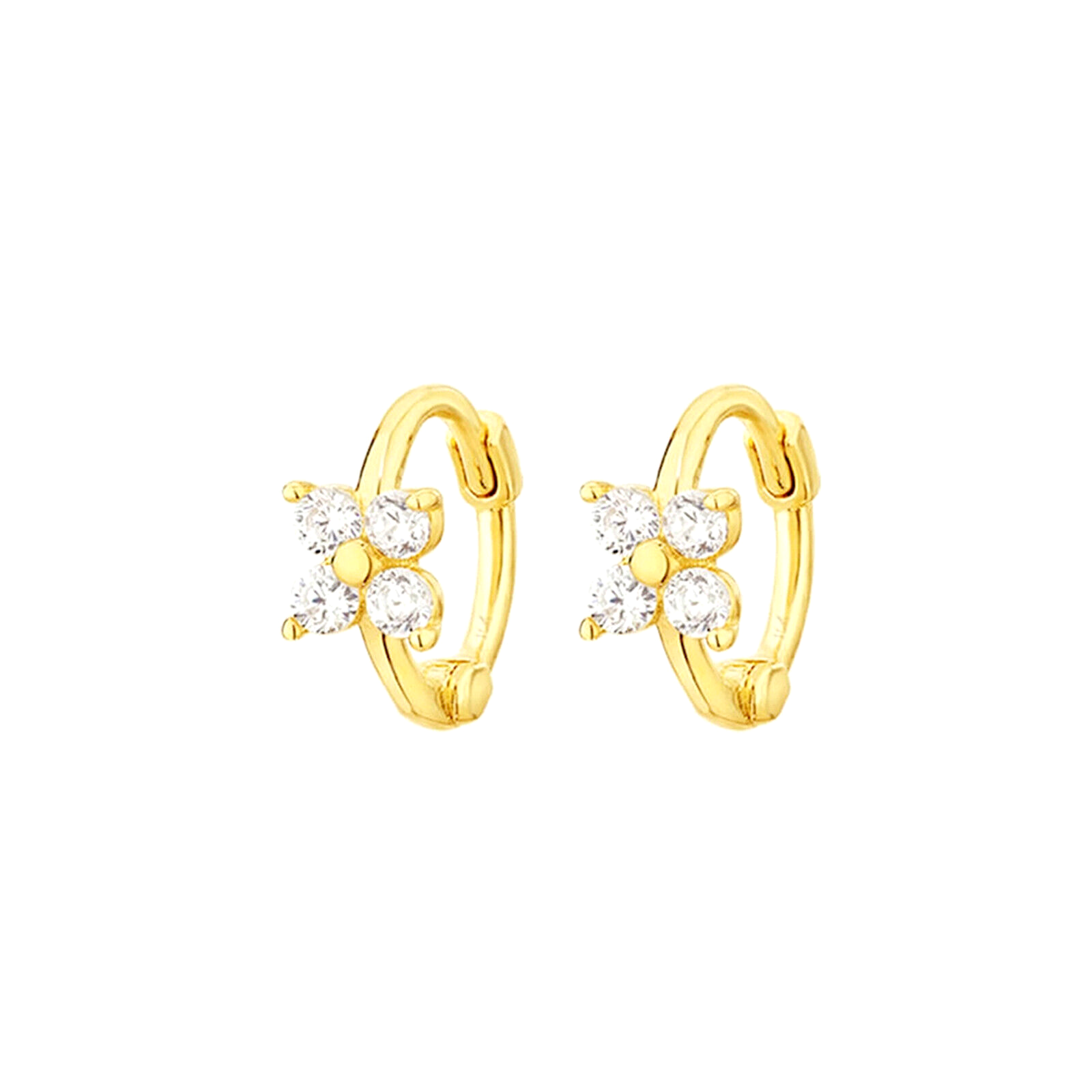 18K Gold on Sterling Silver Hoop CZ Flower Motif Star Huggie Hinged Earrings 8mm - sugarkittenlondon