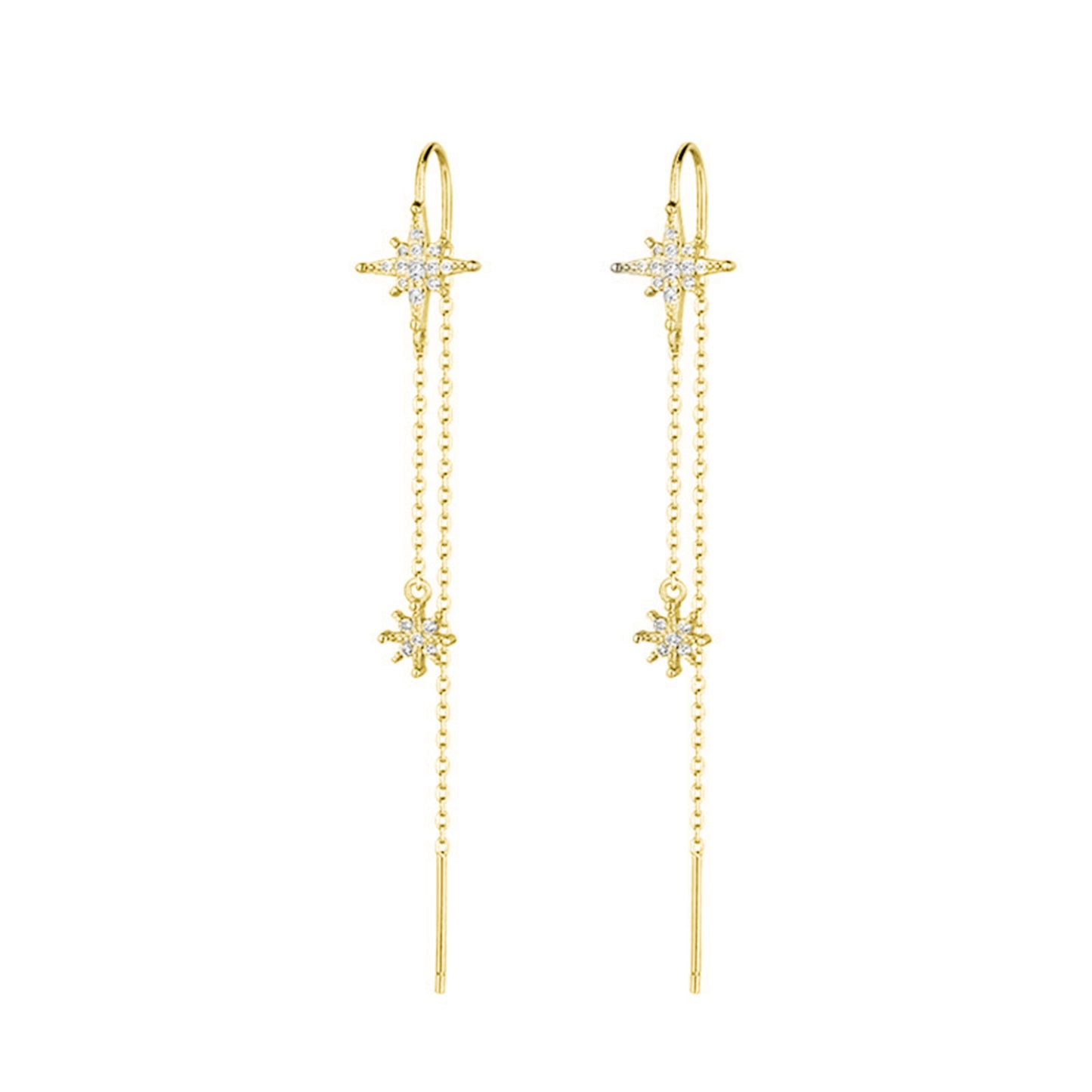 Gold on Sterling Silver Paved CZ Pole Star Chain Drop Pull Through Earrings - sugarkittenlondon