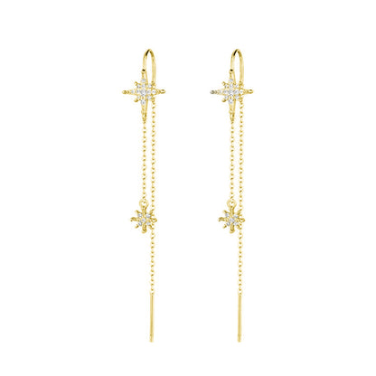 Gold on Sterling Silver Paved CZ Pole Star Chain Drop Pull Through Earrings - sugarkittenlondon