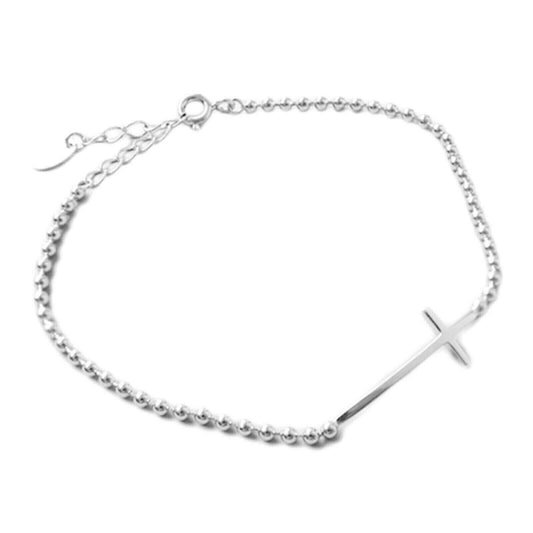 Sterling Silver Sideways Cross Horizontal Bead Ball Chain Bracelet - sugarkittenlondon