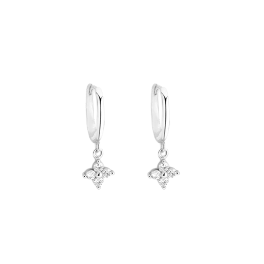 Sterling Silver Flower Hoop Earrings with CZ Charm - Hinged Huggie - 2 Tones - sugarkittenlondon
