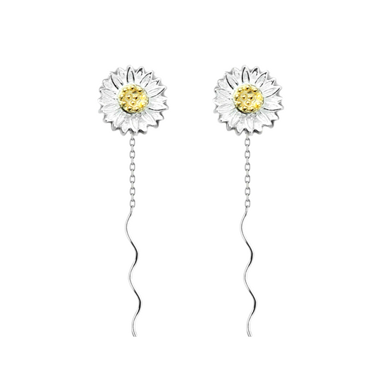 Sterling Silver Sun Flower Pull Through Wave Threader Dangle Earrings - sugarkittenlondon