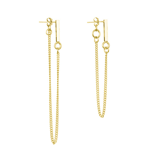 Gold on Sterling Silver Asymmetrical Line Bar Chain Biker Drop Jacket Earrings - sugarkittenlondon