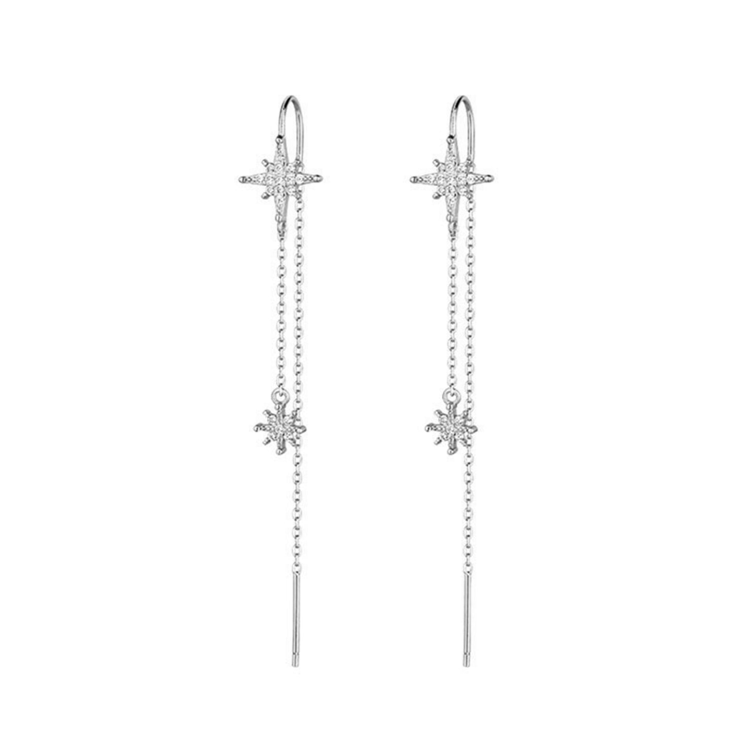 Sterling Silver Paved CZ Pole Star Chain Drop Pull Through Threader Earrings - sugarkittenlondon