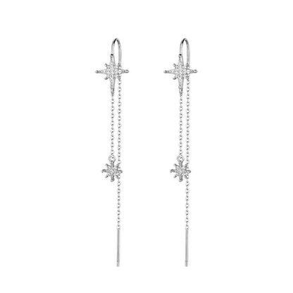 Sterling Silver Paved CZ Pole Star Chain Drop Pull Through Threader Earrings - sugarkittenlondon