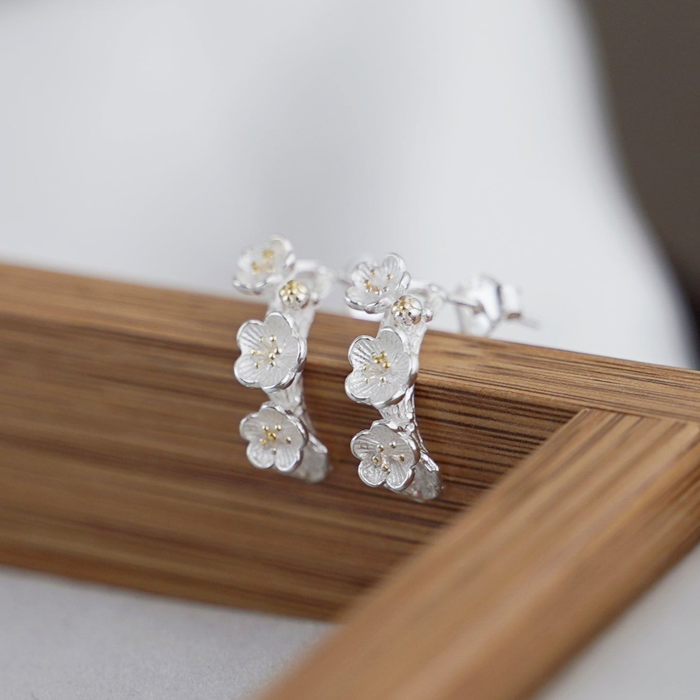 Sterling Silver and Gold Plum Blossom Stud Earrings - Dainty Flower Branch Line Design - sugarkittenlondon