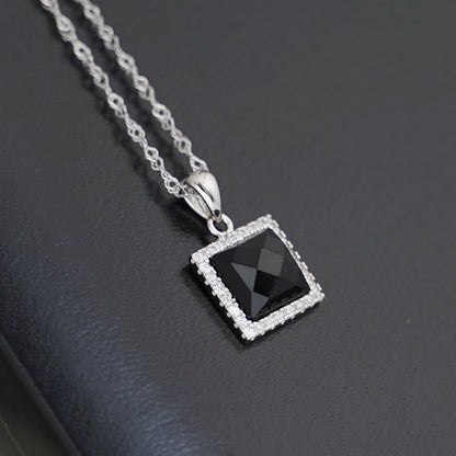 Sterling Silver Natural Cut Convex Black Agate Square CZ Stud Earrings Necklace - sugarkittenlondon
