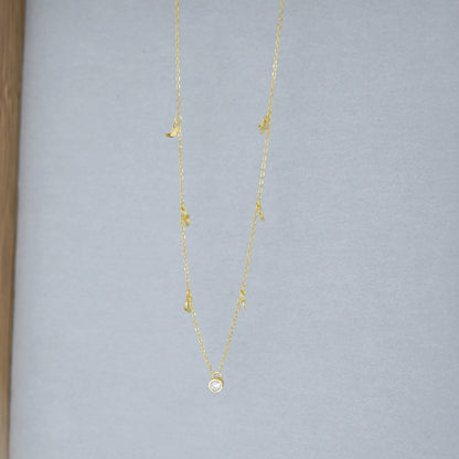 Sterling Silver Mini Star Crescent Moon Bezel Solitaire Charm Drip Necklace - sugarkittenlondon