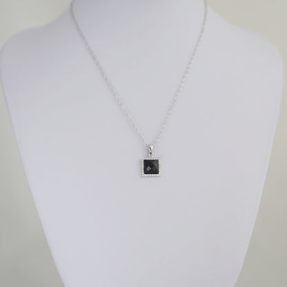 Sterling Silver Natural Cut Convex Black Agate Square CZ Stud Earrings Necklace - sugarkittenlondon