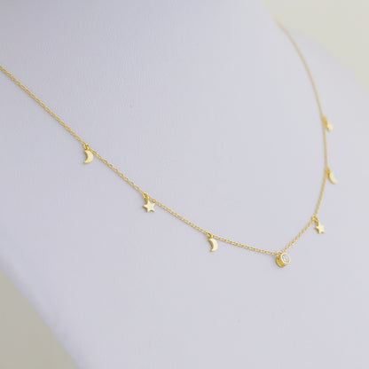 Sterling Silver Mini Star Crescent Moon Bezel Solitaire Charm Drip Necklace 2 Tones - sugarkittenlondon